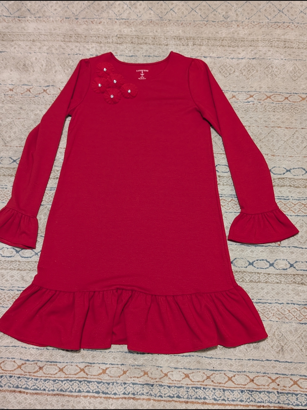 Lands' End Red Long-Sleeve Ruffle Hem Dress for Girls